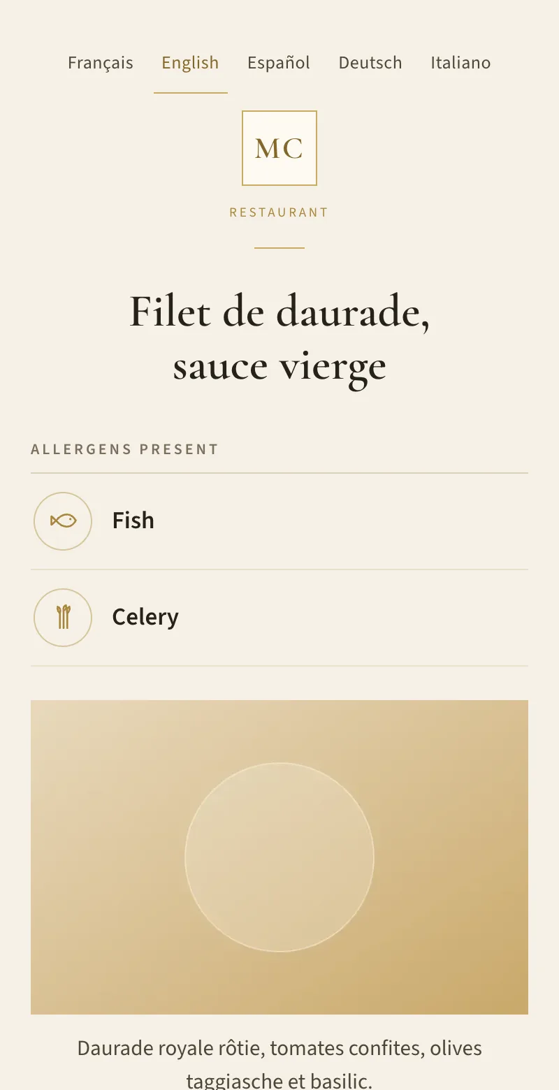 Public dish sheet showing the allergens present