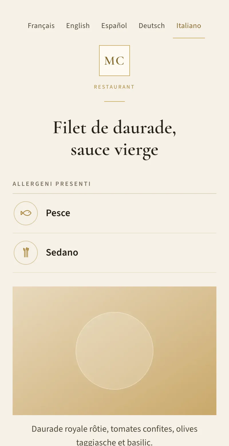 Scheda pubblica di un piatto con gli allergeni presenti