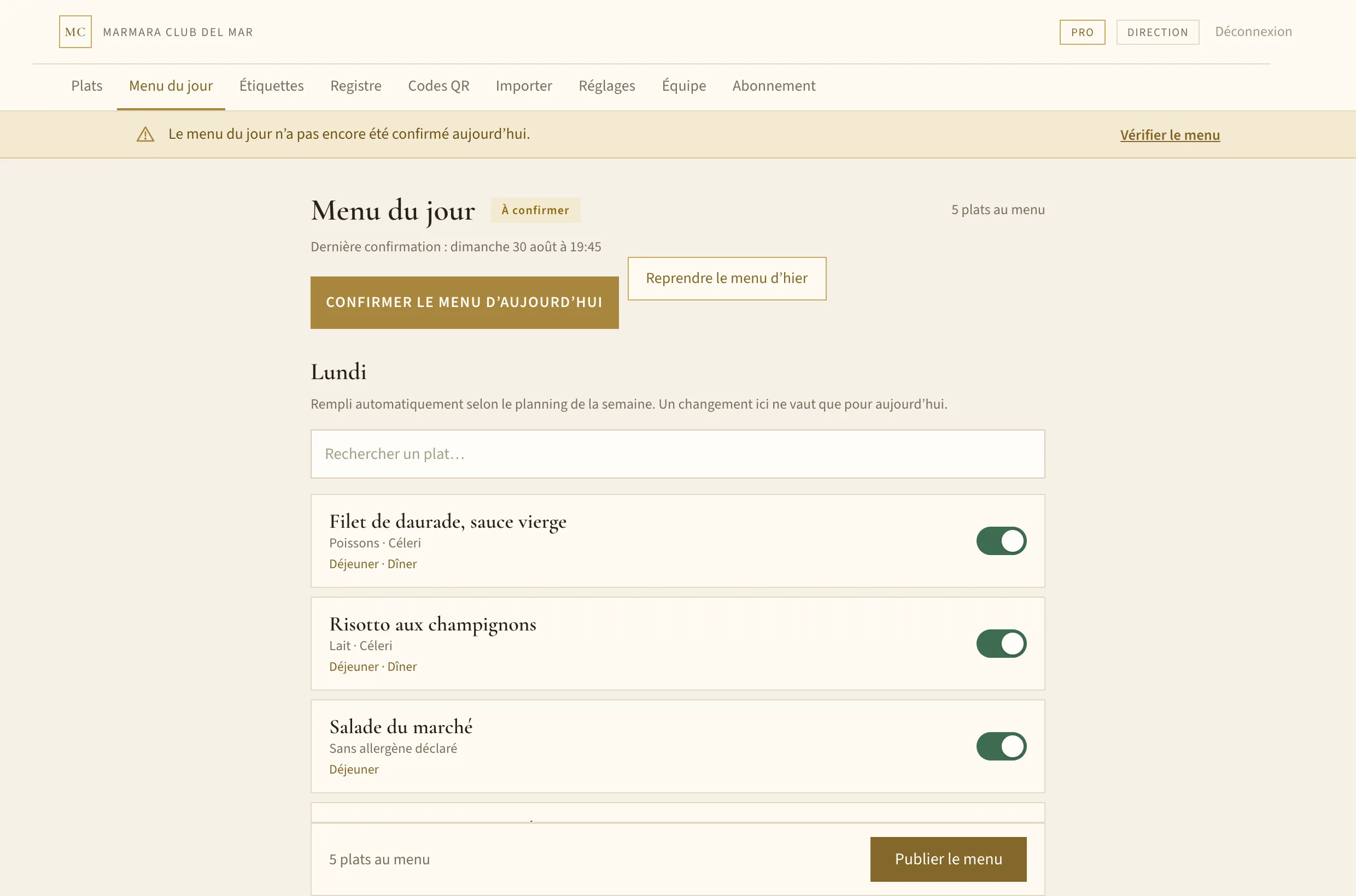 Menu du jour : interrupteurs du jour et planification de la semaine